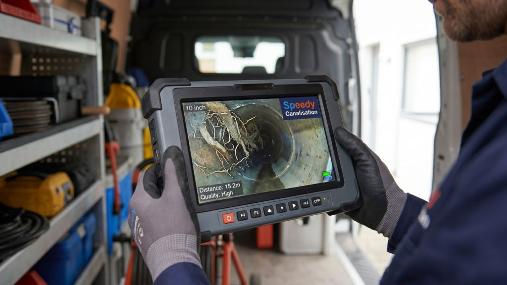 Écran de contrôle d'inspection vidéo par caméra montrant des racines d'arbres obstruant une canalisation profonde, une preuve pour la régie immobilière - Speedy Canalisations